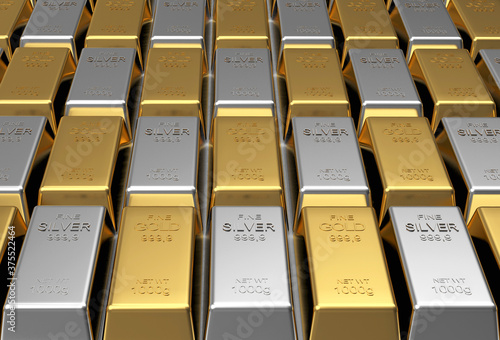 Rows of stacked gold and silver bars as background. 3d illustration