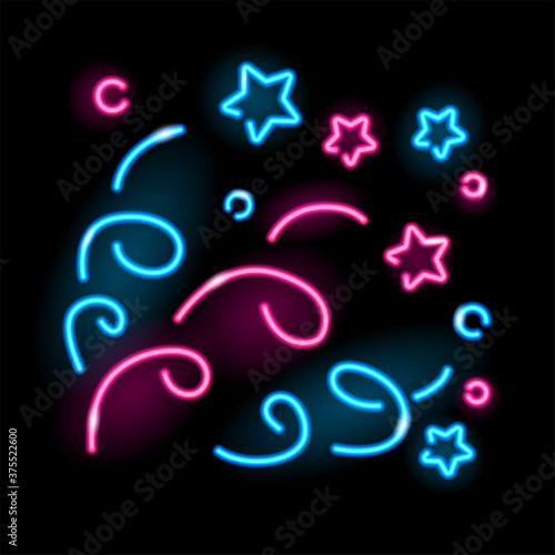 Neon firework or confetti icon in blue and pink colors isolated on black background. Christmas  holiday  carnival concept. Vector 10 EPS illustration.