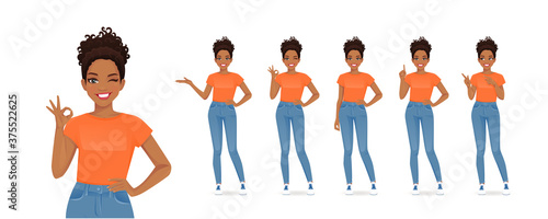 African young woman in casual style clothes set different gestures isolated vector illustration