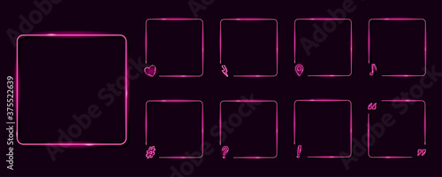 Set of neon frames on dark background. Question mark, musical note, geo location pin, hash tag, exclamation, quotes marks, lightning bolt, heart. Square textplace template. Vector 10 EPS illustration.