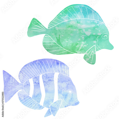 Set of various watercolor tropical fish isolated from the background. Marine underwater fauna. Vector object for postcards, banners, menus and your design