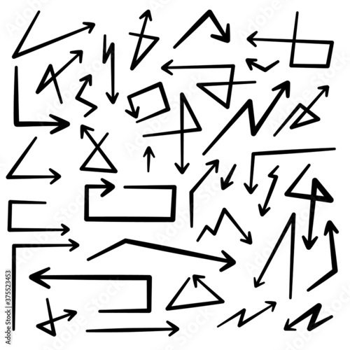 black hand drawn arrows set icon template color editable. Art design grunge sketch handmade watercolor doodle symbol linear sign isolated on white background. Simple logo vector illustration for graph