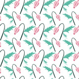 Vector hand drawn baby pink poppy bud with green leafs and stem seamless pattern background on white surface