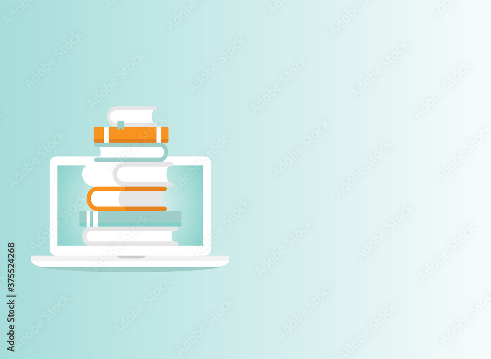 white laptop with stack of colorful books. Isolated on powder blue background. white laptop with stack of colorful books. Isolated on powder blue background.