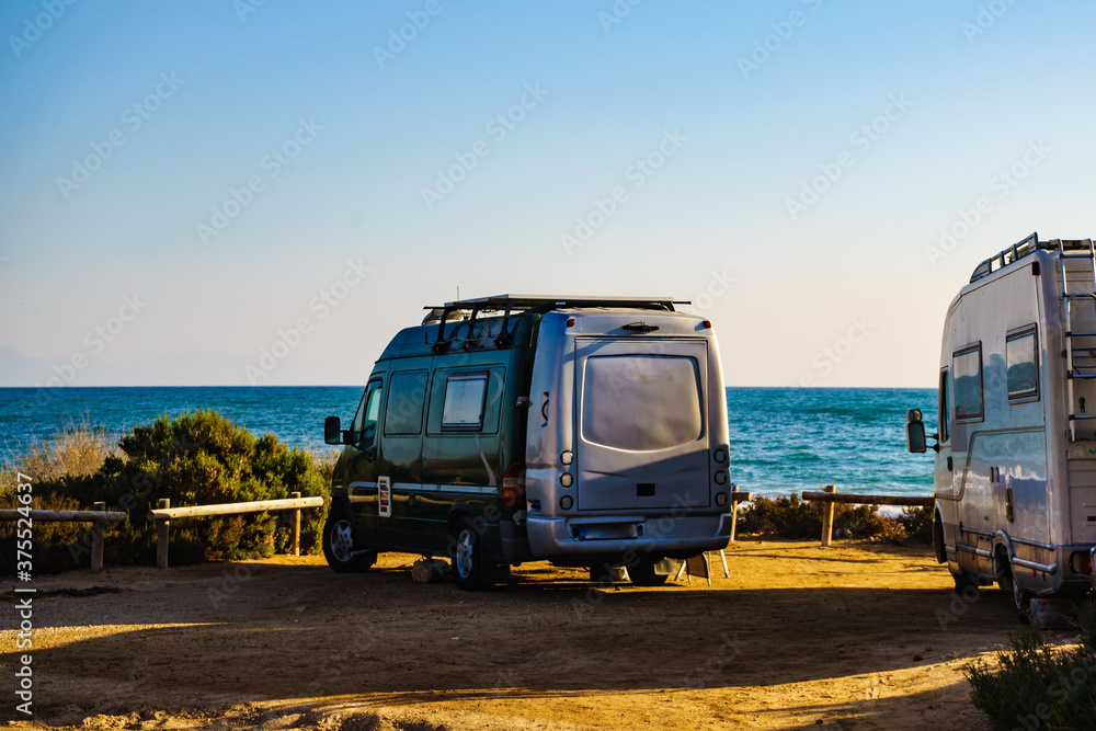 Camper cars on beach, camping on nature