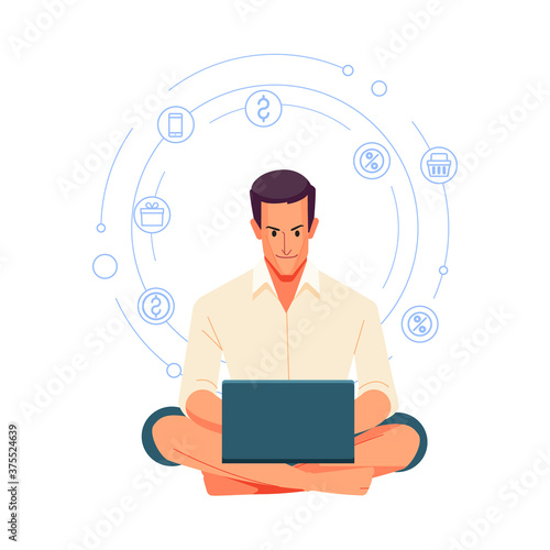Working at home. People at home in quarantine. Smiling man using laptop at home in living room. Happy mature businessman send email and working at home. Cartoon, flat style vector illustration