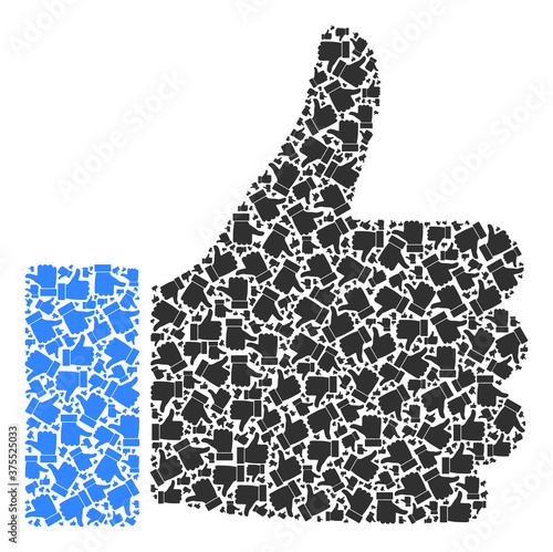 Vector thumb up mosaic is created from random recursive thumb up pictograms. Recursive combination from thumb up.