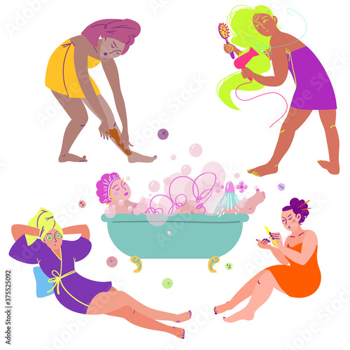 Girls and bath procedures. Bathing. Drying hair. Epilation. Manicure. Mask. Beauty concept clipart. Vector. Flat.