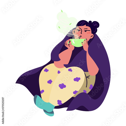 The girl is drinking tea. Sits in a chair. Wrapped up in a blanket. Beauty  care  hygiene concept clipart. Vector. Flat.