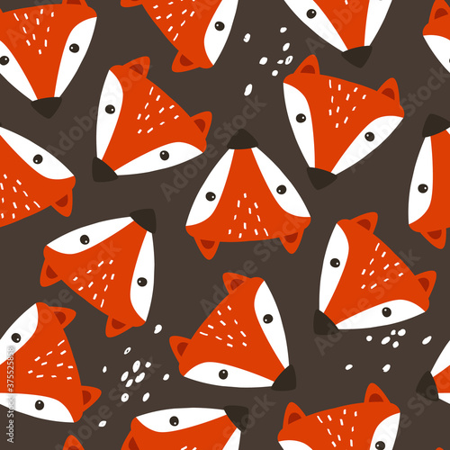 Muzzle of foxes, hand drawn backdrop. Colorful seamless pattern with muzzles of animals. Cute wallpaper, good for printing. Overlapping background vector. Design illustration
