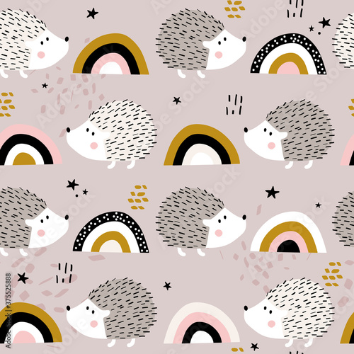 Hedgehogs, hand drawn backdrop. Colorful seamless pattern with animals, rainbow. Decorative cute wallpaper, good for printing. Overlapping colored background vector. Design illustration