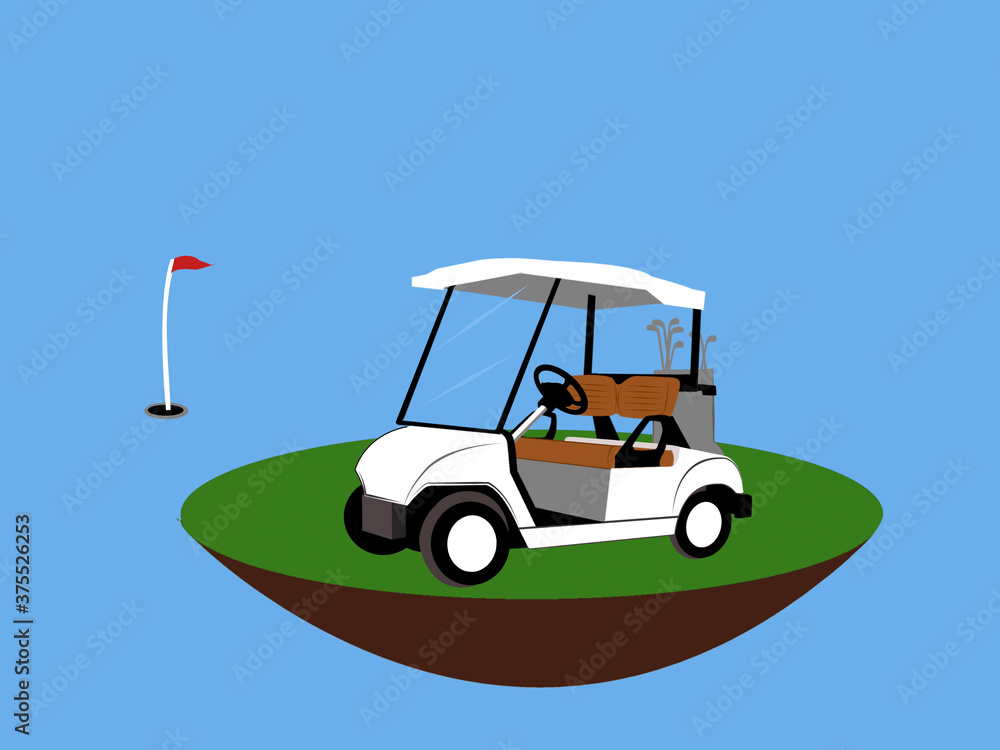 Flat icon golf cart, golf course with flag ,