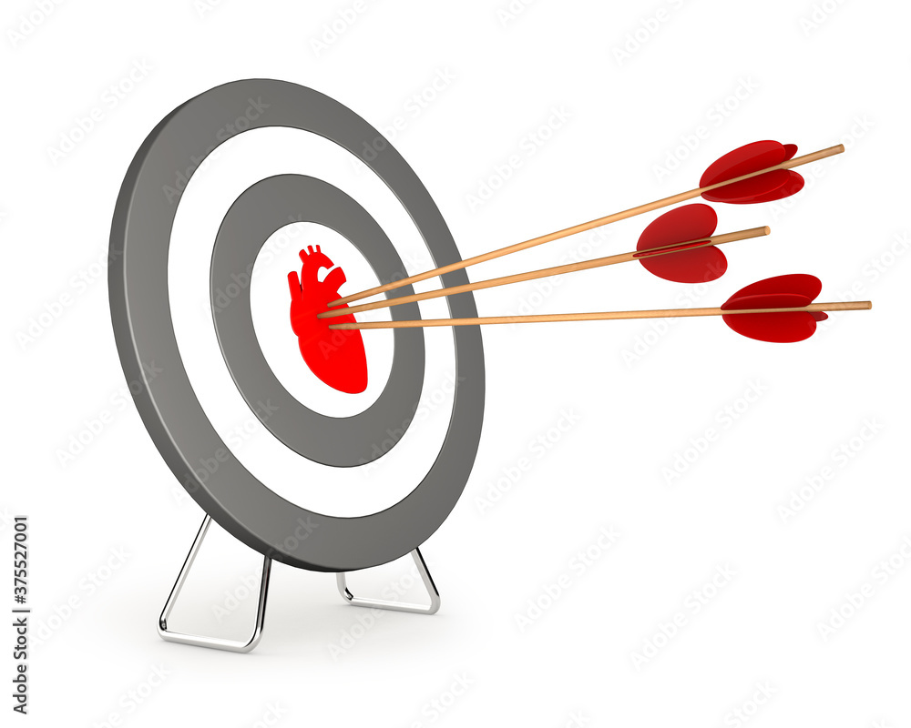 Golden dart successfully hitting the Heart disease. Heart with dartboard Isolated on white background 3d rendered illustration. Golden dart successfully hitting the Heart disease. Heart with dartboard Isolated on white background 3d rendered illustration.