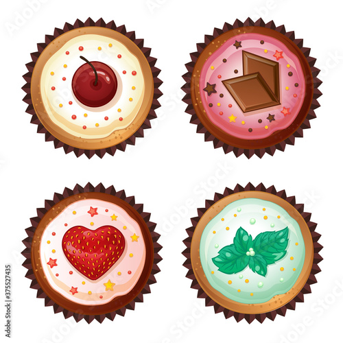 Set of vector cupcakes with cherries, chocolate, strawberries and mint. Top view flat icon.