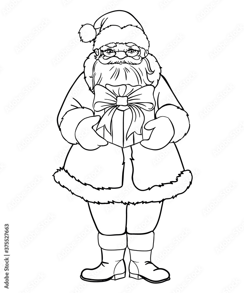 Santa Claus with a gift. Funny New Year character on a white background. Vector illustration in cartoon style. Outlined for coloring book. Santa Claus with a gift. Funny New Year character on a white background. Vector illustration in cartoon style. Outlined for coloring book.