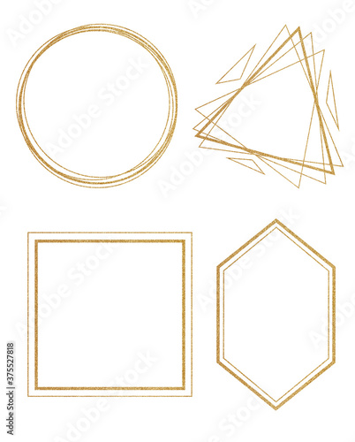Golden frames. Glitter gold frame texture illustration. Baby nursery invite. Geometric frames. Wedding frame. Babe shower, bridal shower, party card.