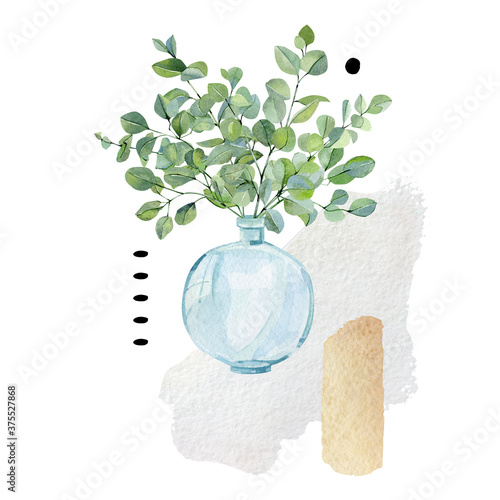 Watercolor eucalyptus garland in vase. Abstract watercolor greenery composotion green house plant and doodle shape for textile print, moodboard, poster, greeting card, kitchen room poster. photo