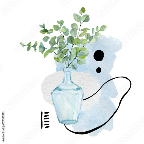 Watercolor eucalyptus garland. Abstract watercolor greenery composotion green house plant and doodle shape for textile print, moodboard, poster, greeting card, kitchen room poster.