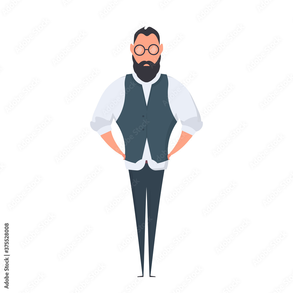 Businessman in a vest. A man in a classic waistcoat holds his hands on his belt. Isolated. Vector.