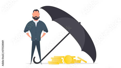 Businessman under the umbrella. Business conservation concept. Business is protected from risks. Isolated. Vector.