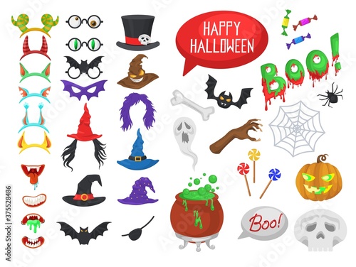 Vector set of halloween party photo booth props and masks. Halloween stickers. Icons set illustration. Pumpkin, hats, monster, skull, holiday costume elements.