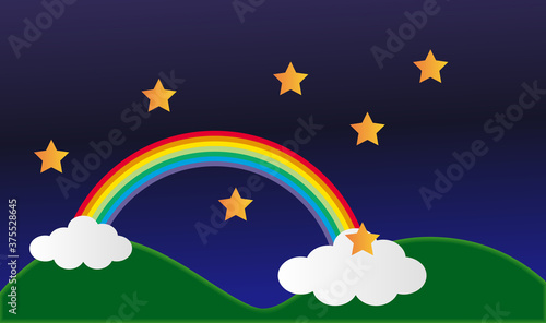 夜にかかる虹の架け橋と星と雲と山のシンプルなイラスト
