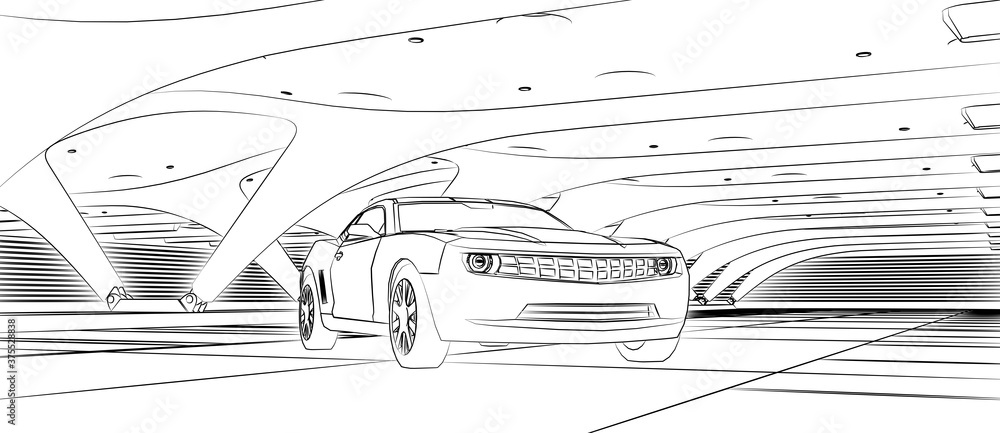 Car drawing outline. 3d rendering.