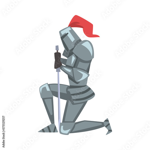 Medieval Kneeling Knight, Chivalry Warrior Character in Full Metal Body Armor with Sword Cartoon Style Vector Illustration