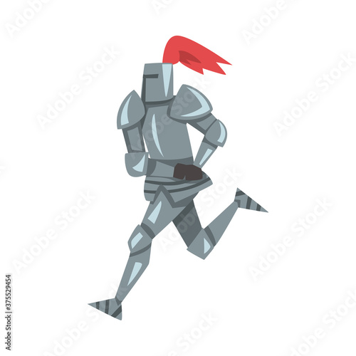 Running Medieval Knight, Chivalry Warrior Character in Full Metal Body Armor with Shield and Sword Cartoon Style Vector Illustration