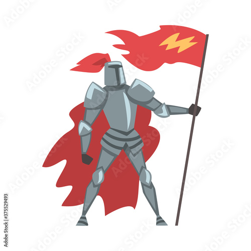 Medieval Knight with Red Flag, Chivalry Warrior Character in Full Metal Body Armor and Red Cape Cartoon Style Vector Illustration