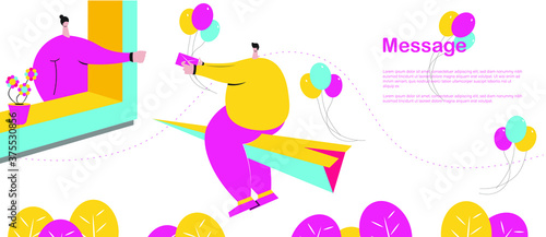 Concept of sending messages, mails etc. with demo fonts. Flat colorful cute cartoon character vector illustration. Best for web and application design. Easily customisable.