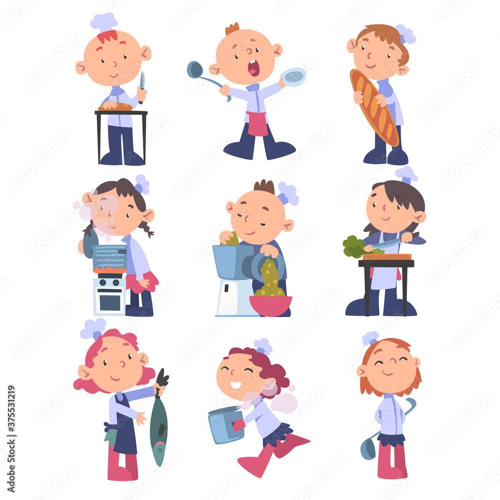 Kids Chefs Set, Cute Funny Children Cookers Characters Wearing White Hat and Apron Cooking Delicious Food on Kitchen Cartoon Vector Illustration Kids Chefs Set, Cute Funny Children Cookers Characters Wearing White Hat and Apron Cooking Delicious Food on Kitchen Cartoon Vector Illustration