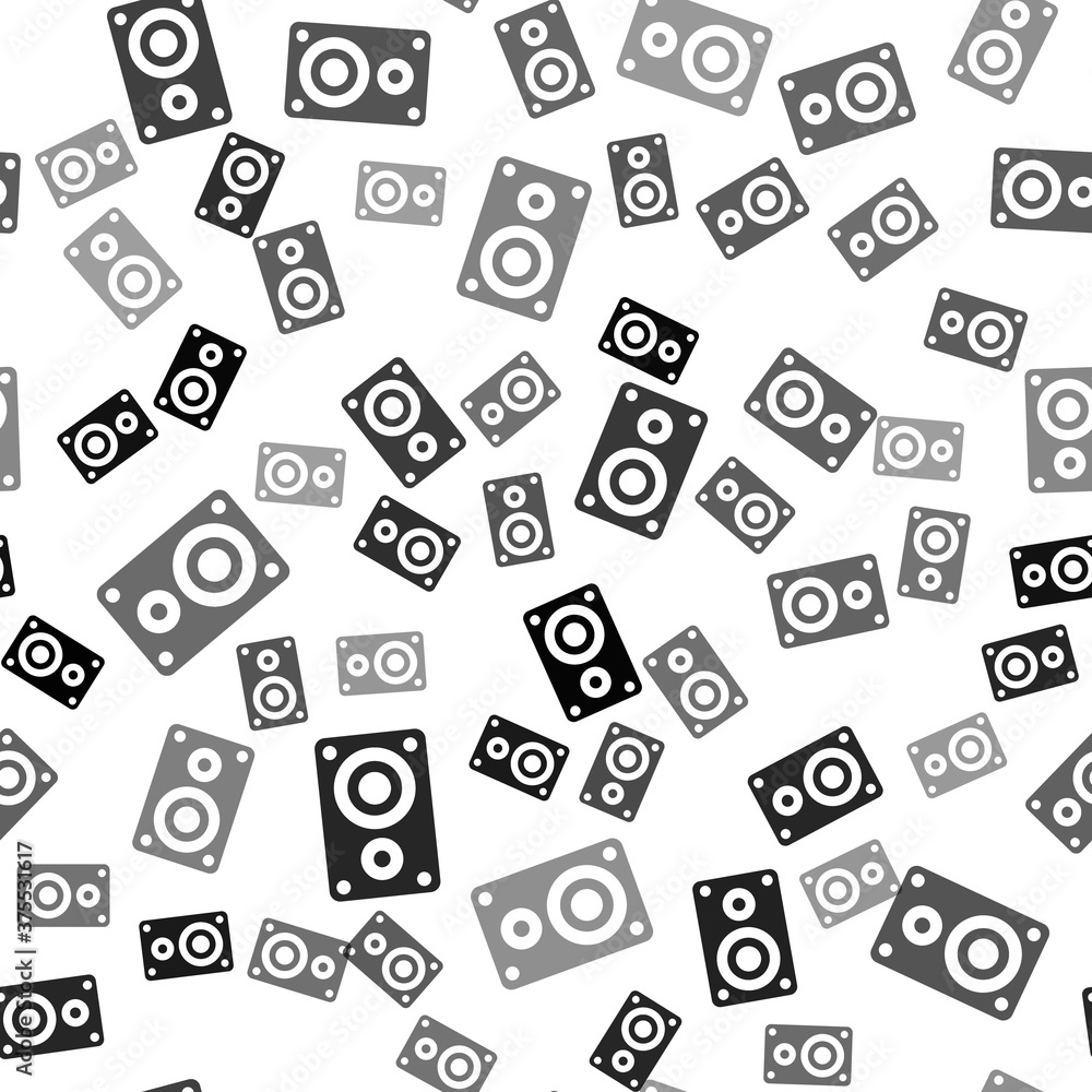 Black Stereo speaker icon isolated seamless pattern on white background. Sound system speakers. Music icon. Musical column speaker bass equipment. Vector Illustration. Black Stereo speaker icon isolated seamless pattern on white background. Sound system speakers. Music icon. Musical column speaker bass equipment. Vector Illustration.