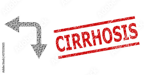 Recursion collage bifurcation arrow left down and Cirrhosis corroded stamp. Vector collage is made from random bifurcation arrow left down icons. Stamp includes Cirrhosis tag between parallel lines.