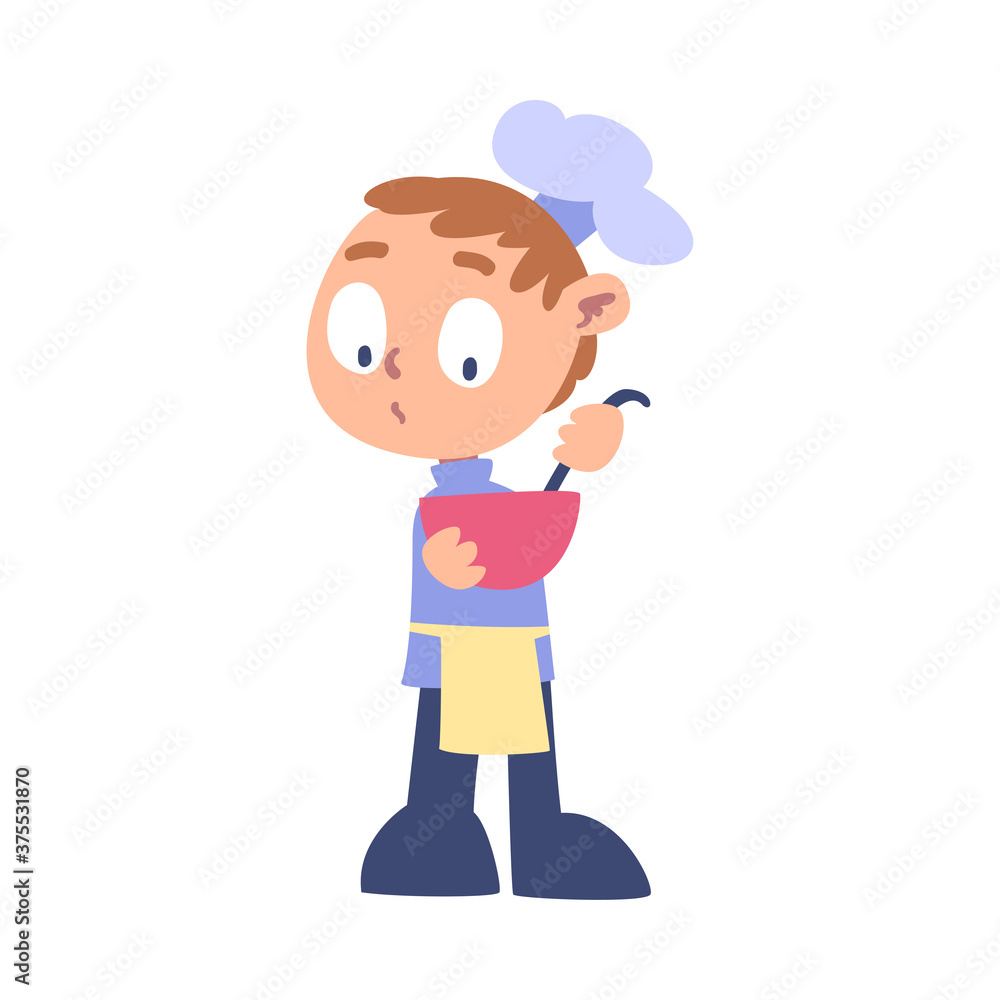 Boy Chef Cook Holdig Bowl with Ladle, Cute Child Professional Cooker Character Wearing White Hat and Apron Cooking Delicious Food on Kitchen Cartoon Style Vector Illustration
