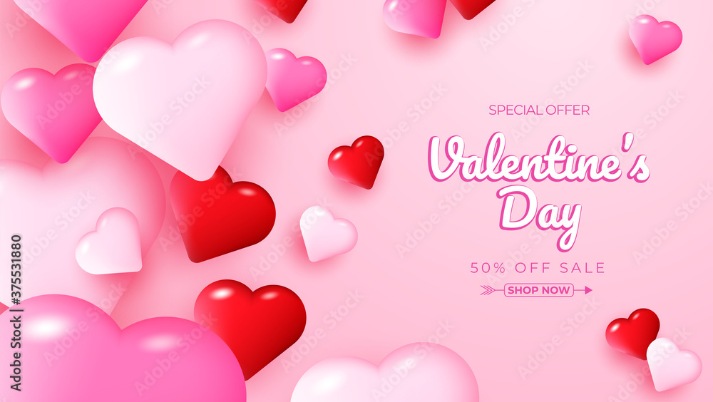 Valentine's day sale poster with red and pink hearts background
