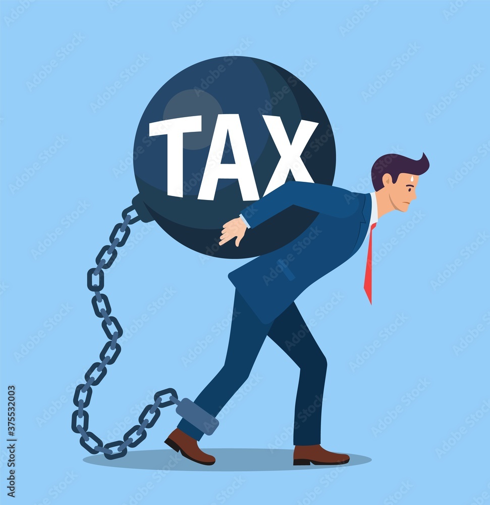 business man taxes carry on shoulder and worry. High Taxes Burden