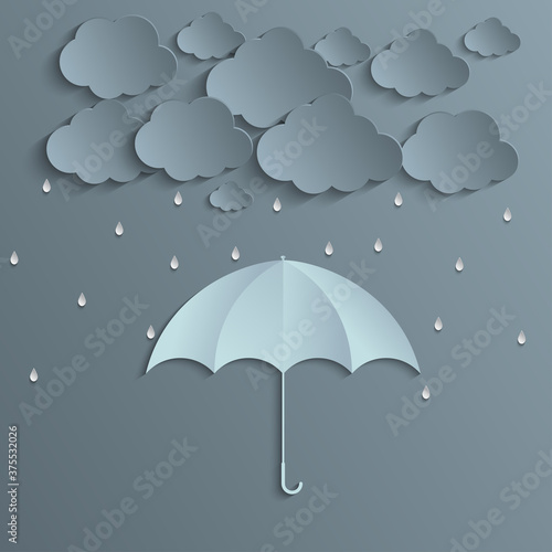 Storms on cloudy designs and raindrops and umbrellas for the rainy season. paper cut and craft style. vector, illustration.