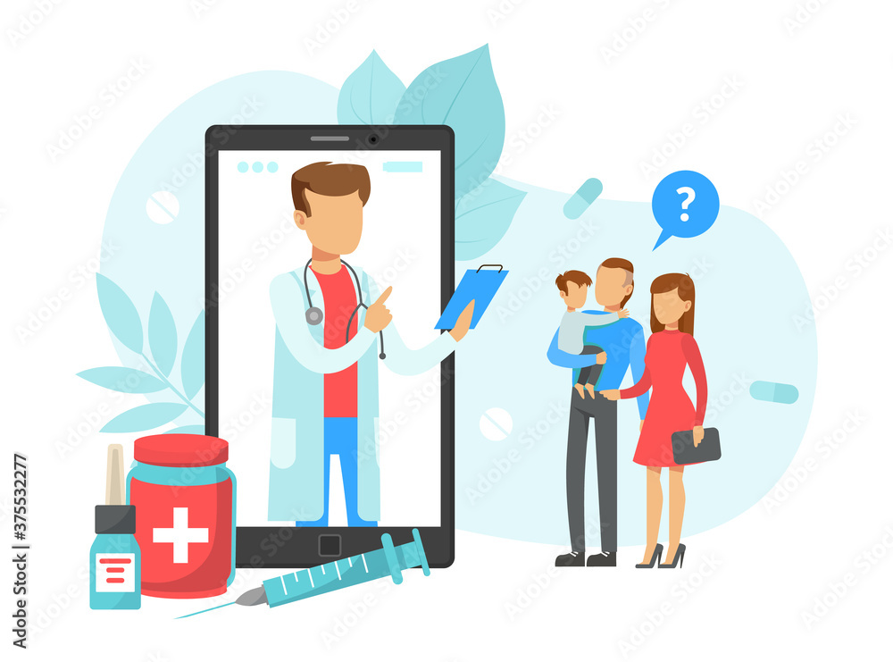 Patients Consultating with Family Male Doctor via Smartphone, Online Doctor Consultation Technology, Flat Vector Illustration