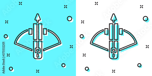 Black line Battle crossbow with arrow icon isolated on green and white background. Random dynamic shapes. Vector.