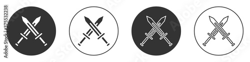 Black Crossed medieval sword icon isolated on white background. Medieval weapon. Circle button. Vector.