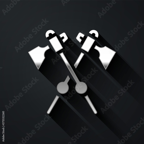 Silver Crossed medieval axes icon isolated on black background. Battle axe, executioner axe. Medieval weapon. Long shadow style. Vector.