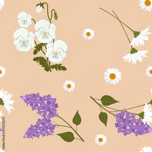 Seamless vector illustration with pansies,chamomile and lilac
