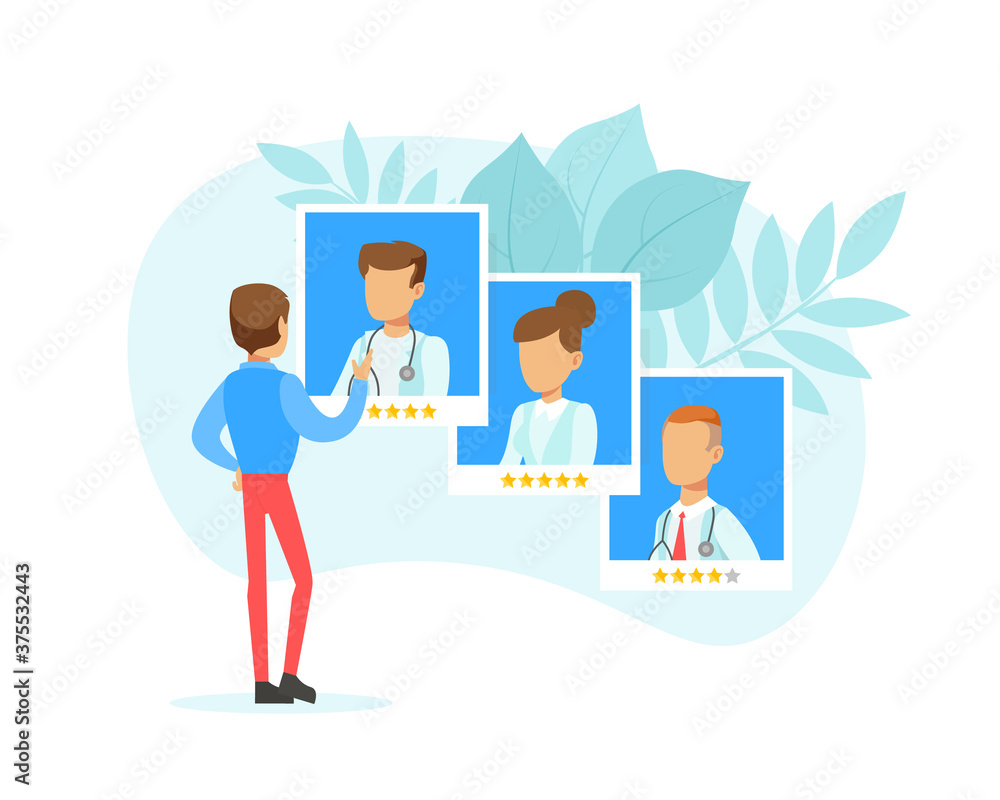 Patient Choosing Top Rated Doctors, Man Evaluating Doctors Reviewing and Rating, Healthcare and Medical Concept Flat Vector Illustration