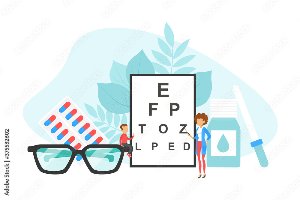 Tiny Ophthalmologist Doctor Checking up Vision of Patient, Ophthalmology, Eye Health Concept Flat Vector Illustration Tiny Ophthalmologist Doctor Checking up Vision of Patient, Ophthalmology, Eye Health Concept Flat Vector Illustration