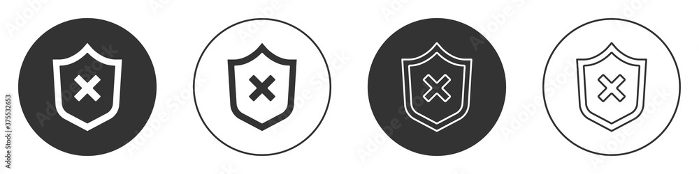 Black Shield with cross mark icon isolated on white background. Shield and rejected. Notice of refusal. Circle button. Vector. Black Shield with cross mark icon isolated on white background. Shield and rejected. Notice of refusal. Circle button. Vector.