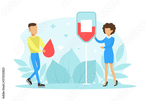 Tiny Doctor and Male Blood Donor, Blood Donation Charity Concept Flat Vector Illustration