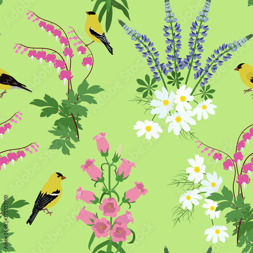 Seamless vector illustration with beautiful wildflowers and birds