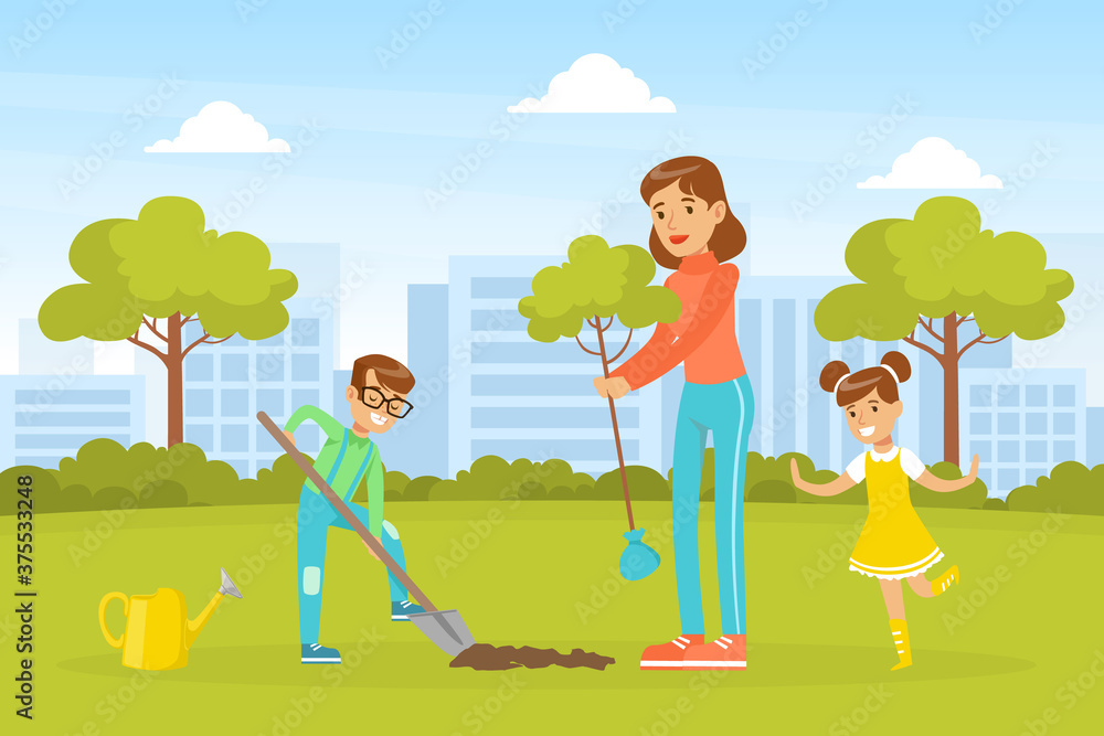 Young Woman and Two Children Planting Trees in Park, Ecology and Environment Protection Concept Flat Vector Illustration