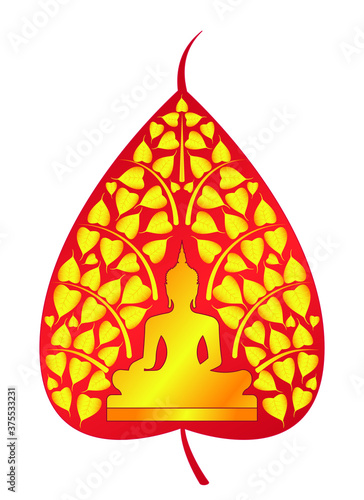 Buddha statue and bodhi leaf drawing in red gold vector
